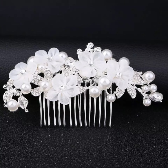 Silk flower hair comb large head piece wedding vine new bling Cz silver - Picture 2 of 3